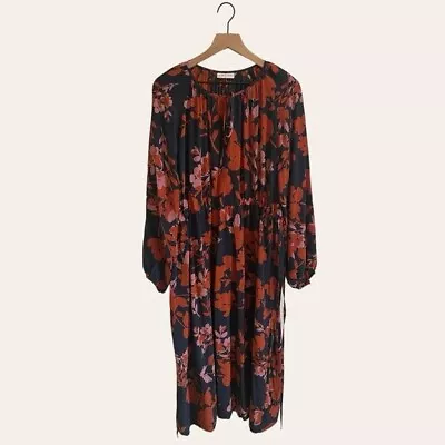 Megan Park Silk Boho Navy Floral Long Sleeve Maxi Dress Ladies LARGE • $120