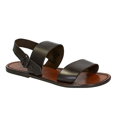 Handmade Mens Ankle Strap Slides Sandals In Dark Brown Leather Made In Italy • £102