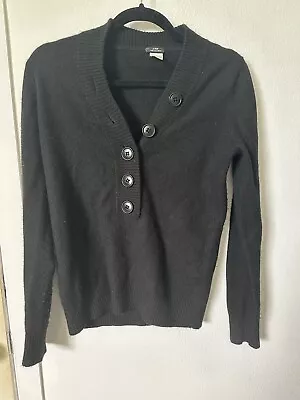 J Crew Womens 100% Cashmere Sweater Size M Black Henley V Neck Pull Over Knit • $24.99