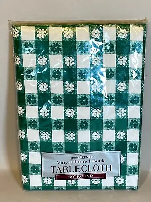 Tablecloth 60  Round NEW HomeTrends Vinyl Flannel Back Green White Floral Flower • $24.99