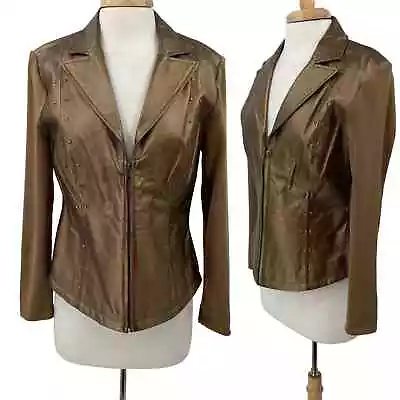 Vintage Leather Jacket Metallic Bronze Zip Front Mixed Media Rib Knit Sleeves 8 • $48