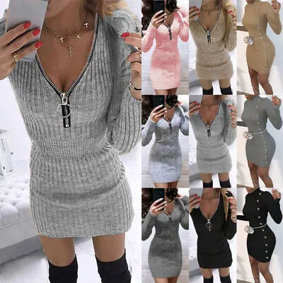 £13.59 • Buy Womens Knitted Zip V Neck Jumper Dress Bodycon Ladies Long Sleeve Mini Dresses
