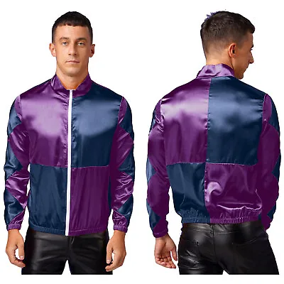 US Mens Horse Jockey Uniform Horse Trainer Costume Colorblock Satin Jacket Coat  • $15.31