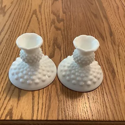 2 Vintage Fenton Hobnail White Milk Glass Candle Stick Taper Holders • $11