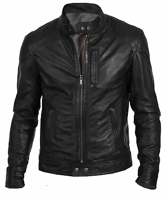 Cafe Racer Biker Leather Jacket Black Soft Sheep Skin Leather • $109.99