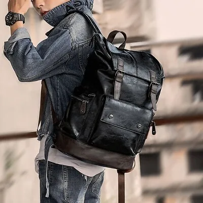 Men's Leather Rucksack Utility Backpack Cool Student Backpack Casual Travel • $32.39