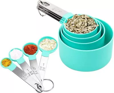 YISUYA - 8 Piece Measuring Cups/Spoons - Teal - Plastic/Stainless Steel  NEW • £9.49