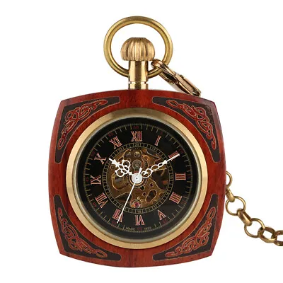 Vintage Men's Mechanical Pocket Watch Self-winding Wooden Case With Fob Chain • £21.71