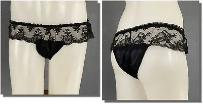 Vintage Black Silky Satin Victorias Secret Lace Flutter Panties M • $14.99
