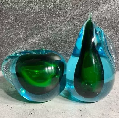 RARE- Alfredo Barbini Sommerso Murano Glass Apple & Pear Bookends - Blue & Green • $169