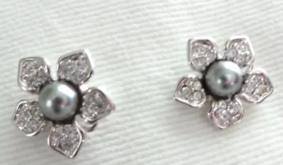 Nolan Miller Silver Tone Pierced Flower Earrings /Clear Crystals/Gray Sim. Pearl • $18
