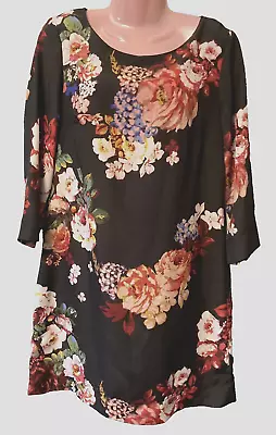 Ladies New Look Longline Tunic Top Black Mix Bold Floral Back Zip Size 10 BNWOT • £1.49