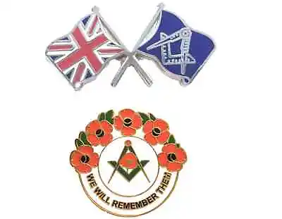 Union Jack With Masonic Crest No G Badge + Masonic We Will Remember Enamel Badge • £9.99