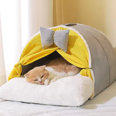 Home Pet Dog Cat Bed Cave Round Plush Fluffy Hooded Cat Bed Donut • £14.95