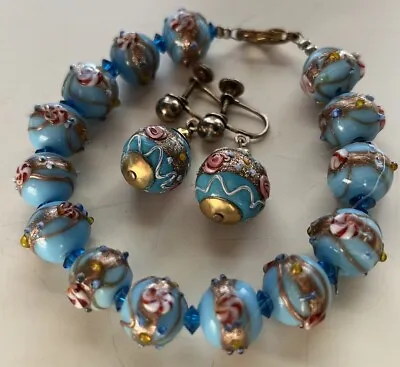 Antique Venetian Murano Wedding Cake Blue Glass Bead Bracelet Earrings Set • $70