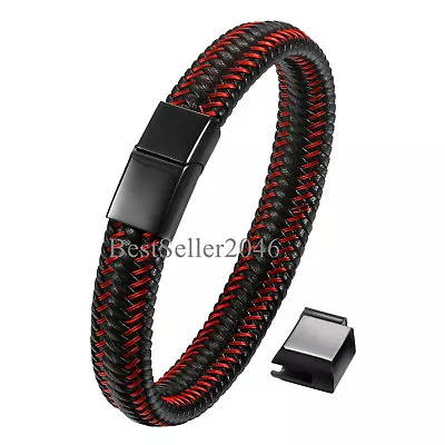 Men Black Red Braided Leather Stainless Steel Magnetic Clasp Bracelet Adjustable • $12.99