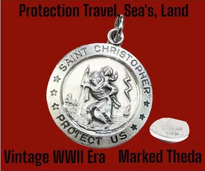 Vtg Sterling Silver Theda St. Christopher Protect Us Travel Sea Medal Pendant • $27.99