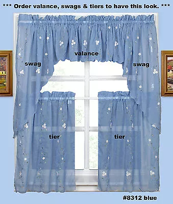 $17.99 • Buy Daisy Embroidery Kitchen Curtain Valance Tiers Or Swags BLUE Creative Linens