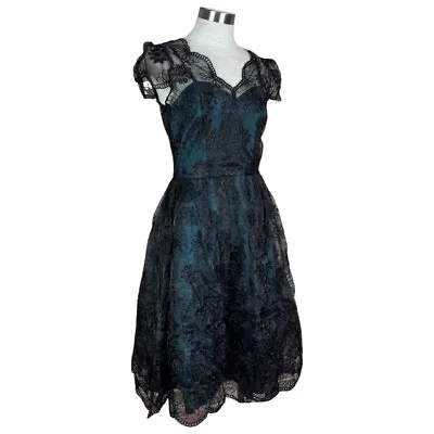 VOODOO VIXEN RETRO PIN UP 50s MAY TEAL LACE OVERLAY TAFFETA BLUE DRESS DRA8085 • $23.64