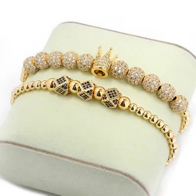 Luxury Men'S Micro Pave CZ Zircon Balls King Crown Braided Bracelets Adjustable • $15.99