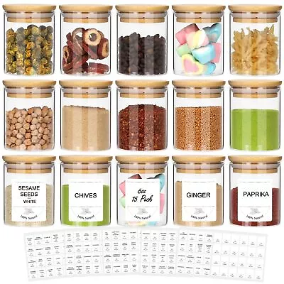 6 Oz Glass Jars With Bamboo LidsSet Of 15 Empty Spice Jars With LabelsGlass... • $36.09