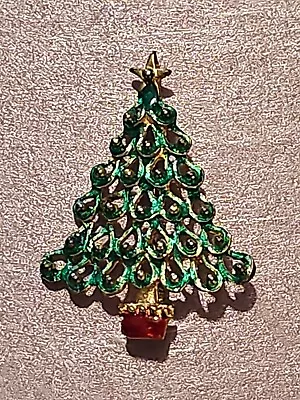 Small Red Green Prong Set Rhinestone Christmas Tree Brooch Vintage • $6.95