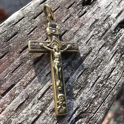 Antique 1800's Memento Mori CRUCIFIX Pendant SKULL & Crossbones Brass & Ebony • $115