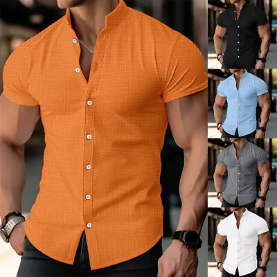 Mens Summer Button Up Shirts Solid Short Sleeve Casual Formal Work Tops Shirts • £10.33