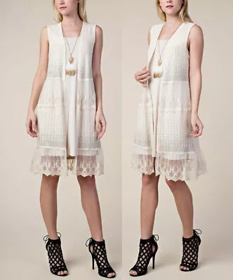 Vocal Crystal Boho Vintage Lace Ruffle Cardigan Vest Duster Top Ivory Cream M • $83.38