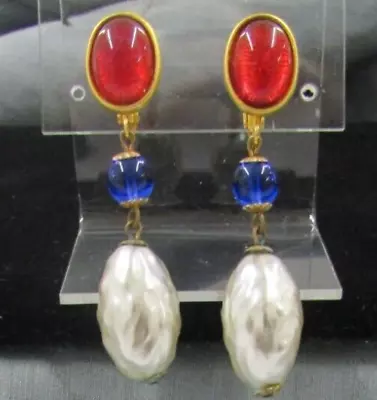 $75.99 • Buy Vintage Signed Antique Ben-Amun Red Blue Cabochon Faux Pearl Clip On Earrings