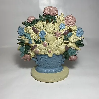 Vintage Cast Iron Basket Of Blue And Cream Flowers Door Stop Midwest Imports EUC • $22.90