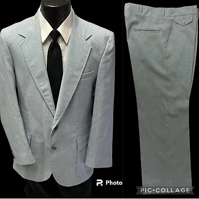 2 Pc Vtg 70's Haggar Men MOD Sky Blue TEXTURED DISCO Suit Bell Bottom Trousers • $149.99