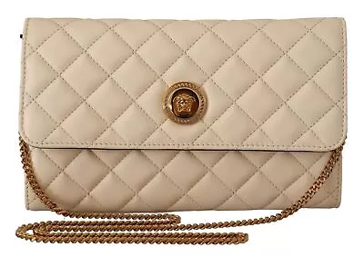 Versace Women Ivory Shoulder Bag 100% Leather Quilted Chain Strap Mini Messenger • $1235.97