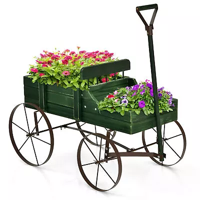 Garden Plant Planter Wooden Wagon Planter W/ Wheel Garden Yard Green • $39