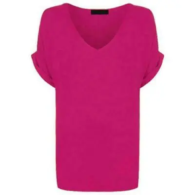 Women Oversized Baggy Loose Fit Turn Up Batwing Sleeve Ladies V Neck Top T Shirt • £7.25