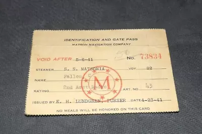 Steamer SS Matsonia Matson Navigation White Ships 1941 Identification Gate Pass • $19.99