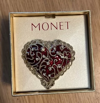 Vintage Monet Red Heart Pin Enamel Heart Brooch In Original Box • $27