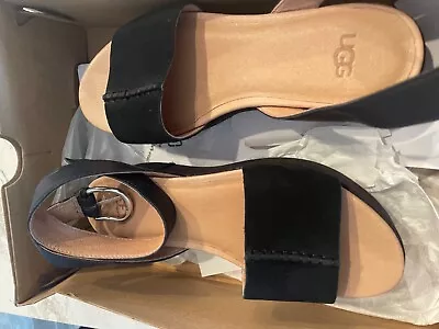 New Ugg Women's Chapala Sandal Black Suede Leather Size 6 Eu 37 Flat Platform • $45