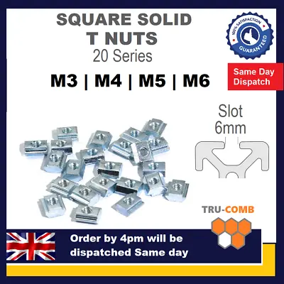 T Nut M3 M4 M5 M6 Square Solid Sliding Aluminium Extrusion 20 Series Profile UK • £1.49