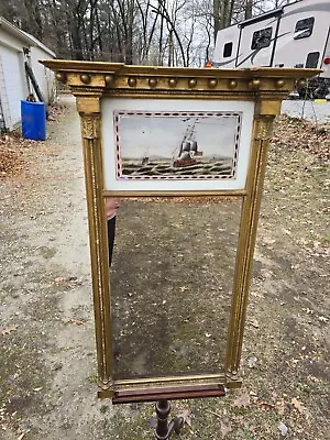 Antique Federal Gilt Wood Reverse Painted Shell Wall Mirror Ship At Sea • $295