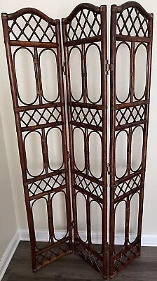 1970's Vintage Boho Chic Rattan Bamboo 3 Panel Folding Room Divider Screen MCM • $132.32