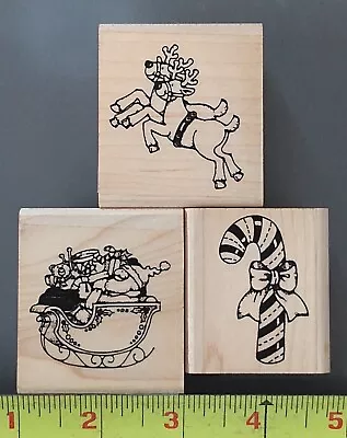 $10 • Buy SANTA IN SLEIGH, REINDEER, CANDY CANE SET OF 3 STAMPS Wood/Rubber Christmas Toys