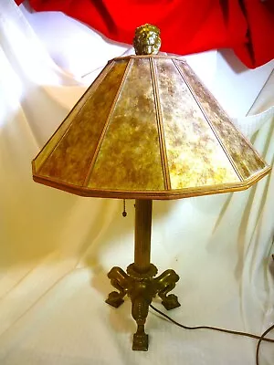 Antique Bradley & Hubbard 3 Light Cluster Mica Shade Lions Head Pull Chain Lamp • $695