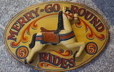 Vtg Folk Art Wooden Merry Go Round Carousel Rides 5 Cents 3D Sign 29  X 20   • $109.99