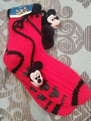 Walt Disney Anklet Red & Black Knitted Mickey Mouse  Socks Skid Free Sz 9-11 NEW • $13.99