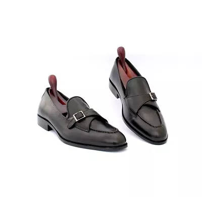 Handmade Men's Black Monk Strap Round Toe Dress Shoes Real Leather Shoes • $134.99