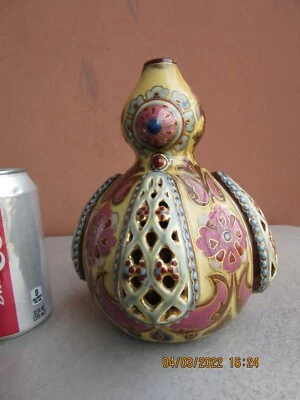 $149 • Buy Zsolnay Pecs 7 1/2  Reticulated Floral Vase 1878-1898 Artist Signed 