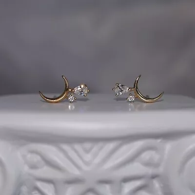 9K Gold Moon Star Earrings Sparkling Moon Star Stud Cubic Zirconia Earrings • $79.78