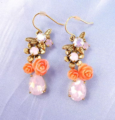 J CREW Dangle Earrings Faux Opal Coral Roses Rhinestone Bee Gold Tone Hooks • $10
