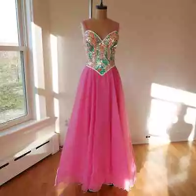Beaded Silk Evening Gown Prom Dress Y2K Vintage Pink Puff Skirt Corset-Dress  • $157.50